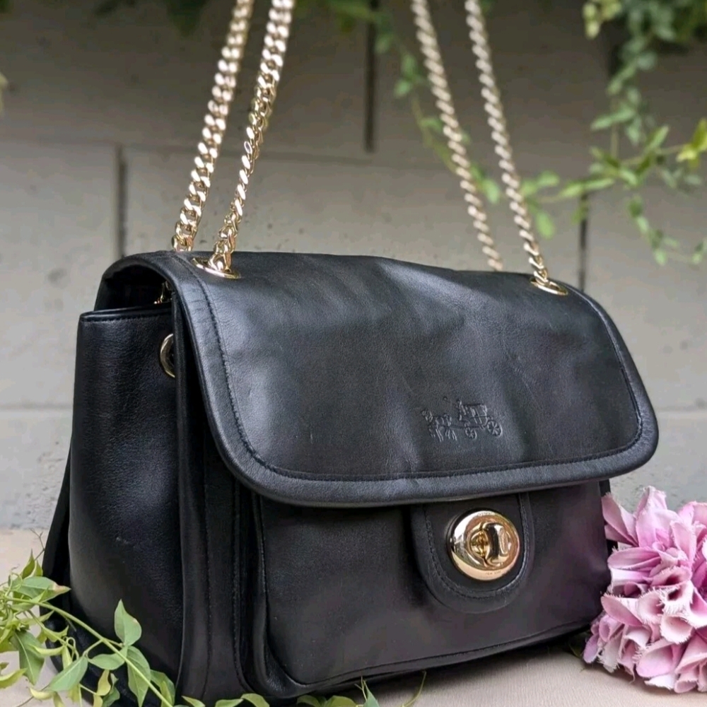 Coach LARGE Ranger Chain Saddle Bag Black Leather Flap Purse Hadbag 33566